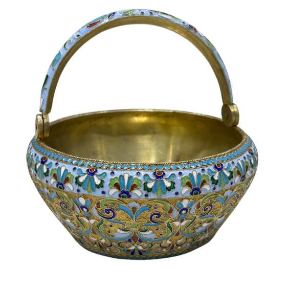 Антикварная серебряная корзинка для сахара (сахарница-конфетница), выполненная в неорусском стиле на рубеже XIX–XX веков